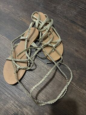 Braided Metallic Lace-Up Women’s Sandals - Gold